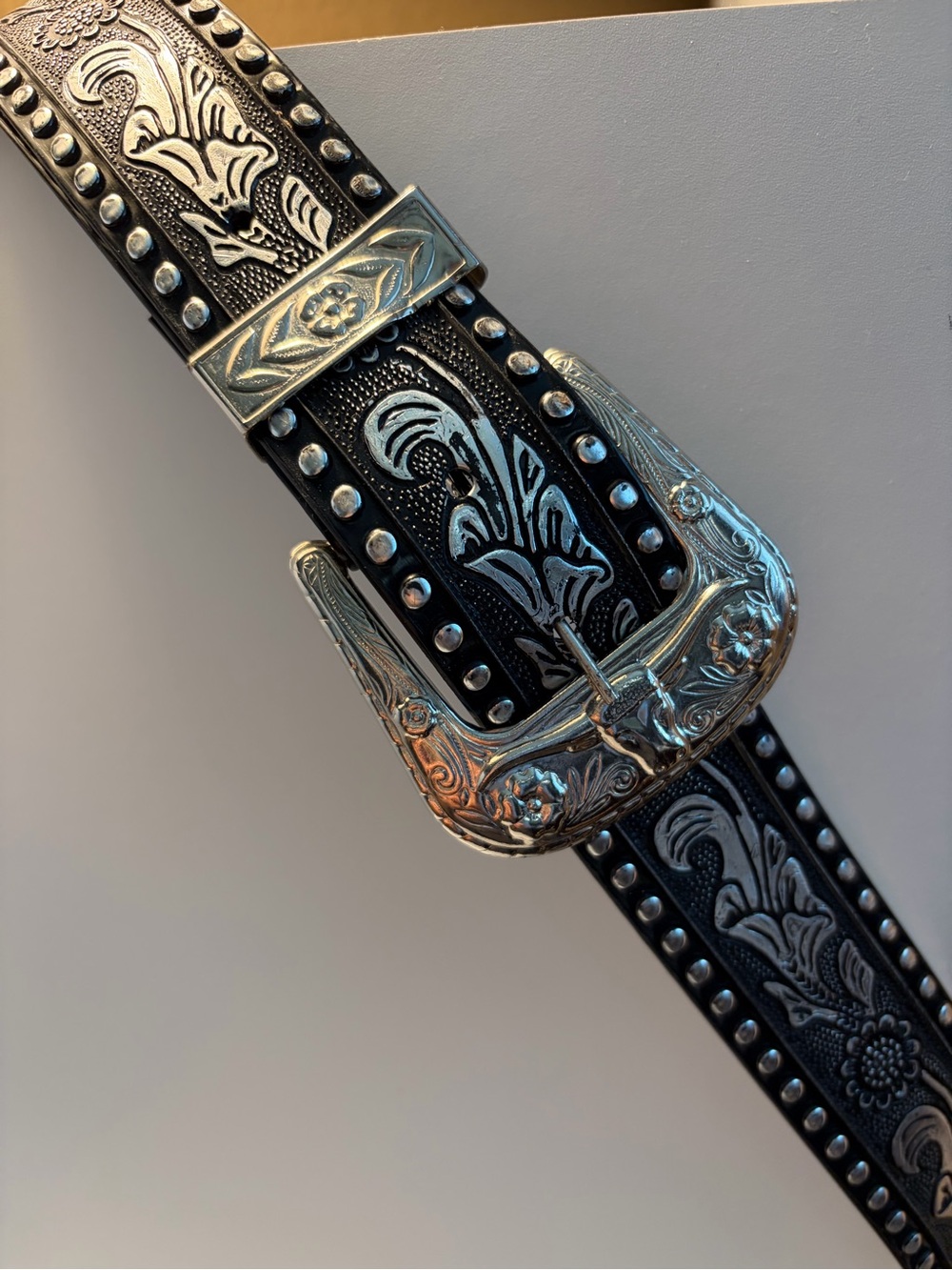 Black Western Belt with Silver Floral Buckle